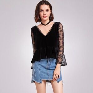 Alisa Pan Black Velvet Lace Bell Sleeve Dark Romantic Top Blouse Size 12